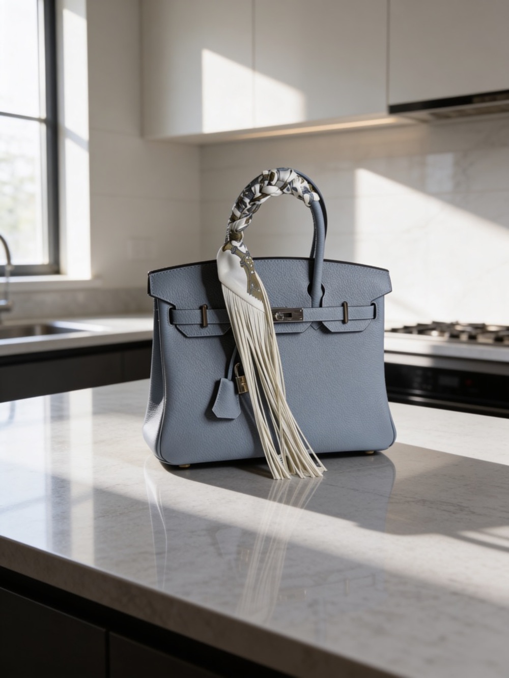 Trendy Fringe Handbag Wrap in Cream, blue and soft gold details - Picture 7 of 12